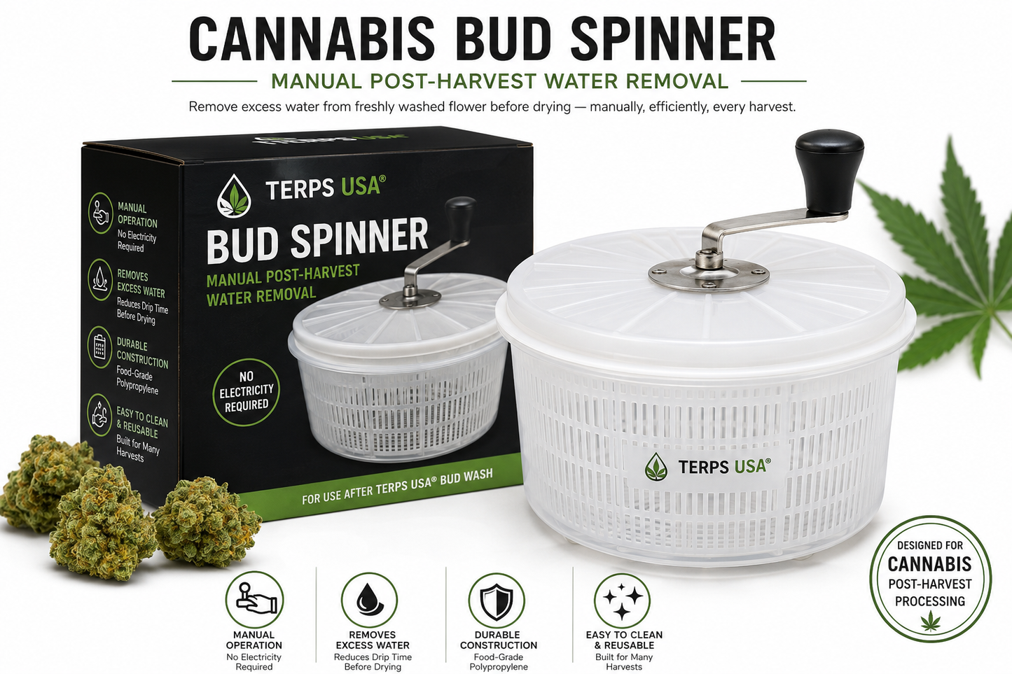 Cannabis Bud Spinner | Manual Post-Harvest Water Removal | Terps USA®