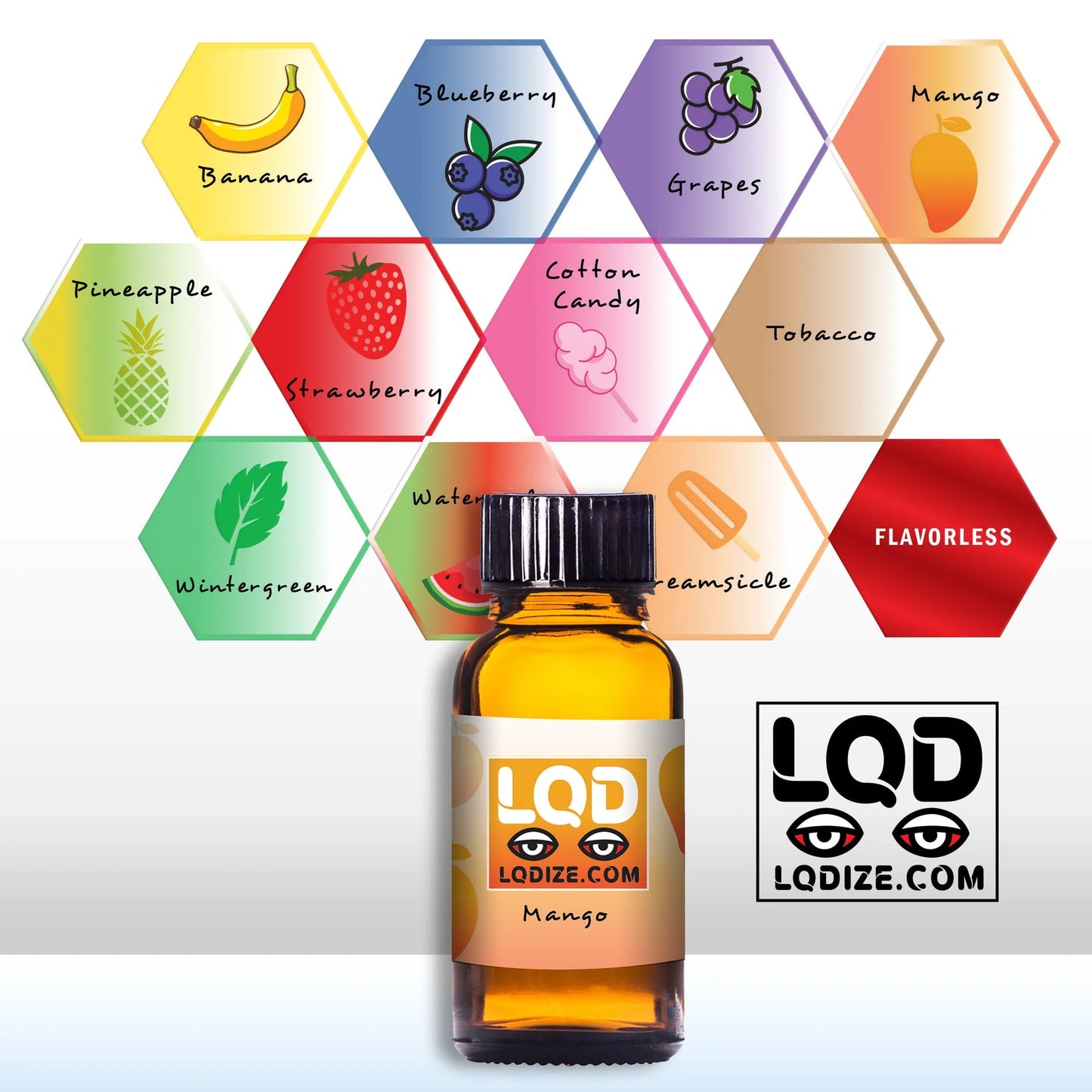 Bottle of LQDIZE Mango liquidizer for cannabis concentrates to vape oil cartridges with LQDIZE logo
