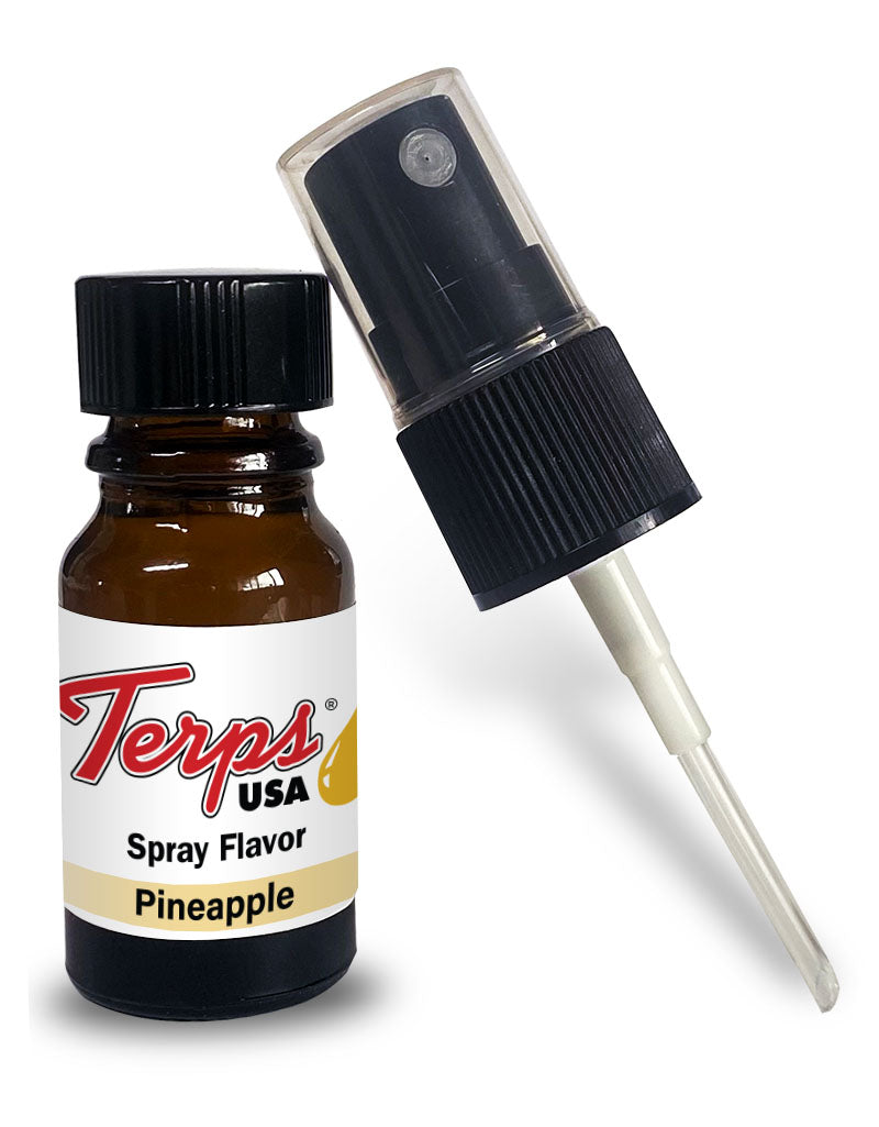 A bottle of Terps USA pineapple flavor spray with a spray top next to it.