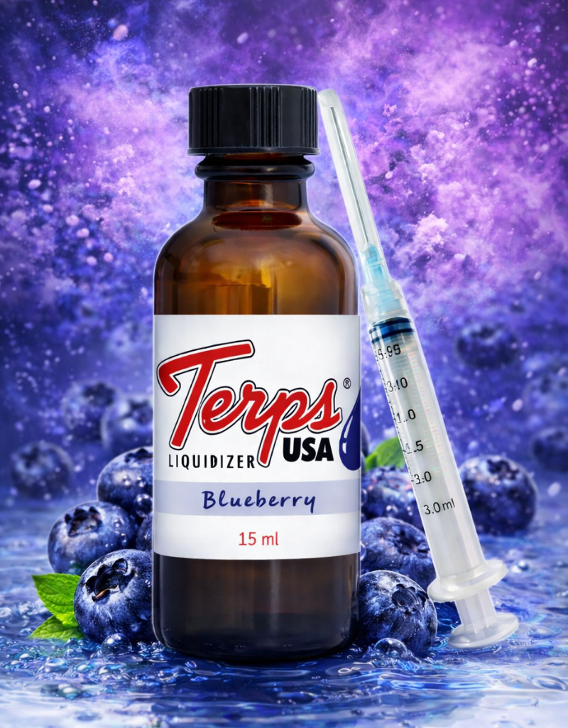 Bottle of Terps USA Blueberry Liquidizer for wax to vape oil cartridges with a syringe on a blueberry-themed background