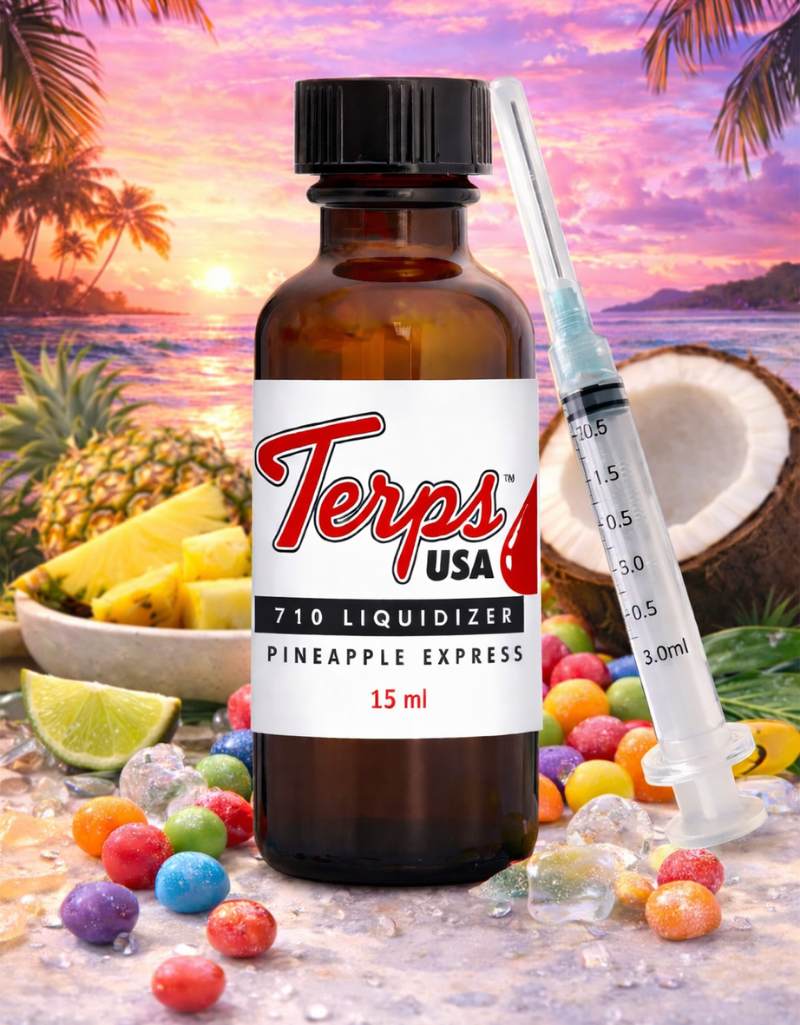 Bottle of Terps USA 710 Liquidizer Pineapple Express for resin to vape oil cartridges with a syringe and tropical background