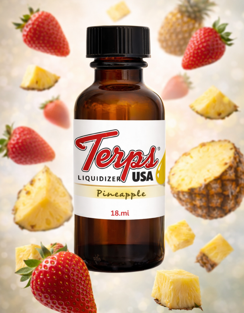 Bottle of Terps USA Pineapple Liquidizer for resin to vape oil pens with strawberries and pineapple pieces in the background