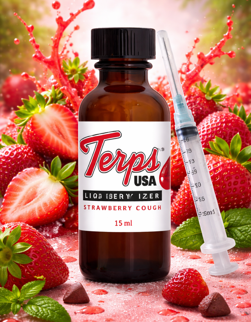 Bottle of Terps USA Strawberry Cough Liquidizer for resin to vape oil cartridges with strawberries and a syringe in the background