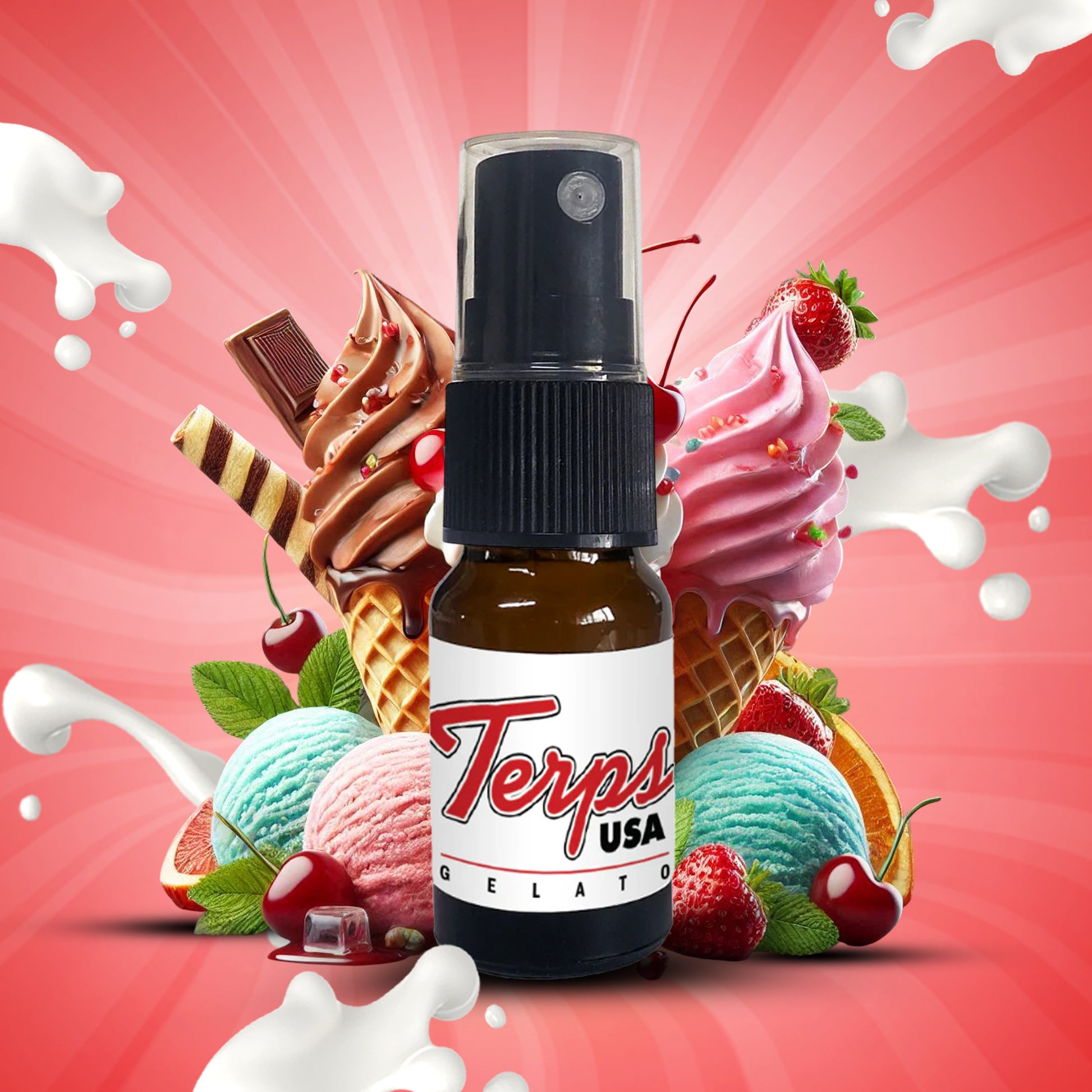 Bottle of Terps USA Gelato Terp Spray with ice cream and dessert background