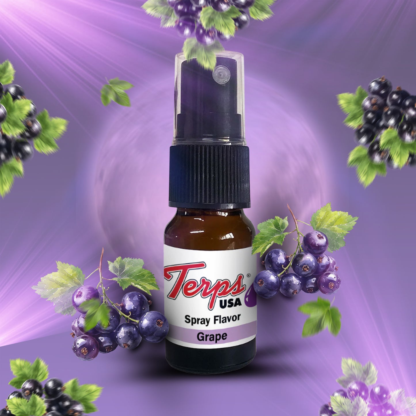 Terps USA Grape spray flavor bottle with grape illustrations on a purple background