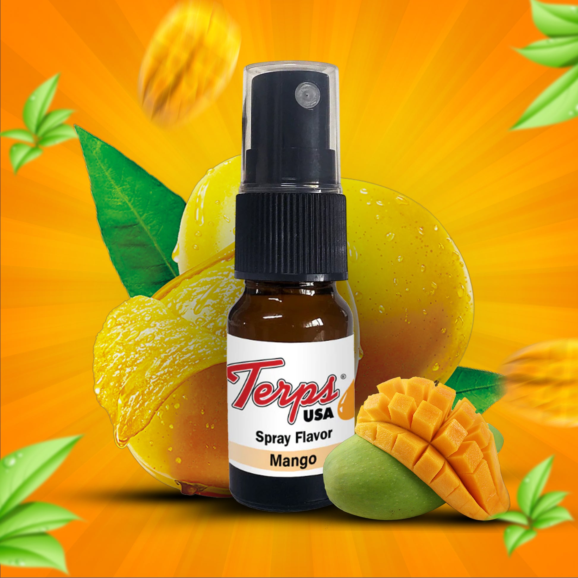 Bottle of Terps USA Spray Flavor Mango on an orange background with mangoes and leaves.