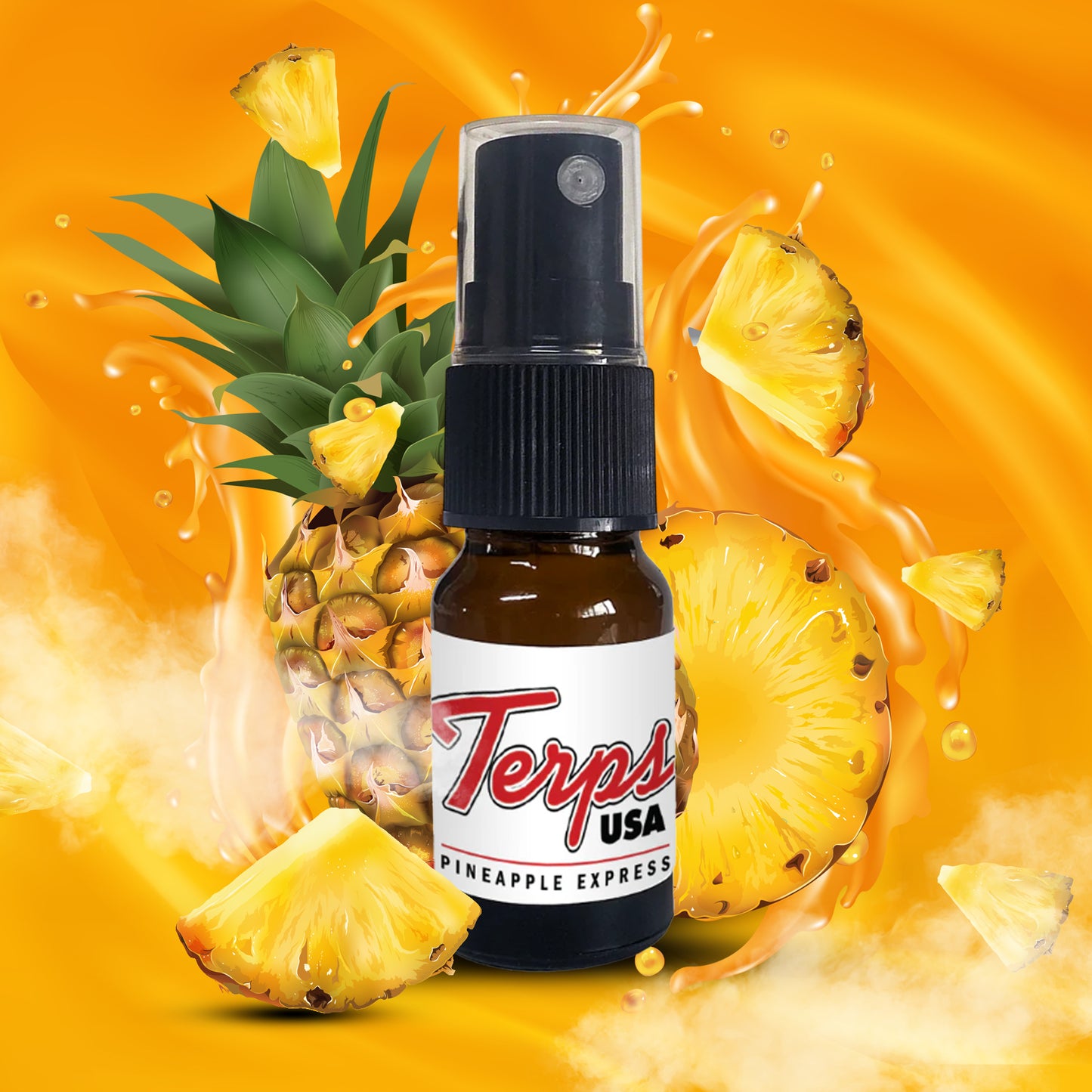 Bottle of Terps USA Pineapple Express Terpene Spray with pineapple slices and a pineapple on an orange background