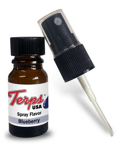 A bottle of Terps USA Spray Flavor marked Blueberry, accompanied by a spray top with a needle dispenser.