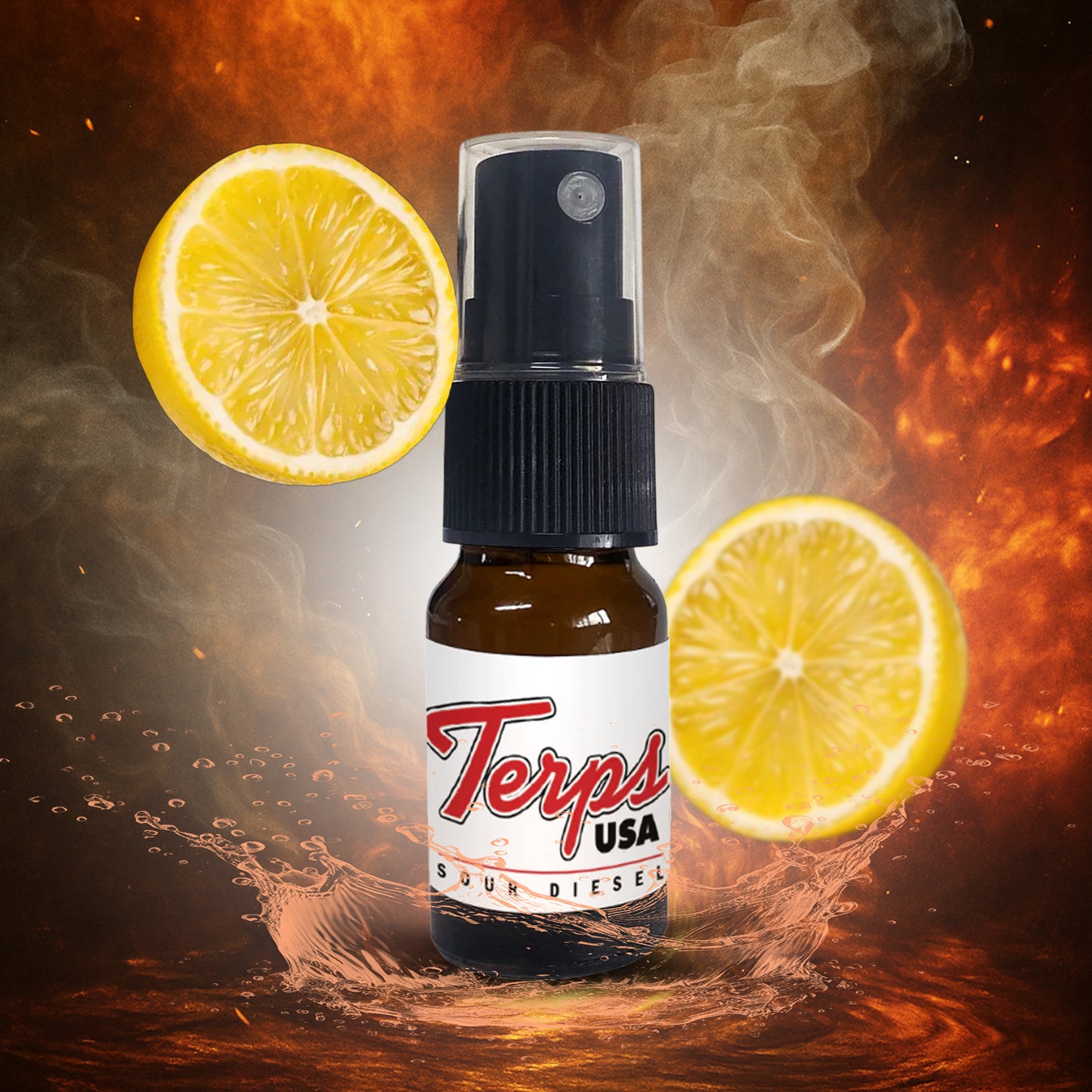 Bottle of Terps USA sour diesel terpene spray with lemon slices and steam on a fiery background