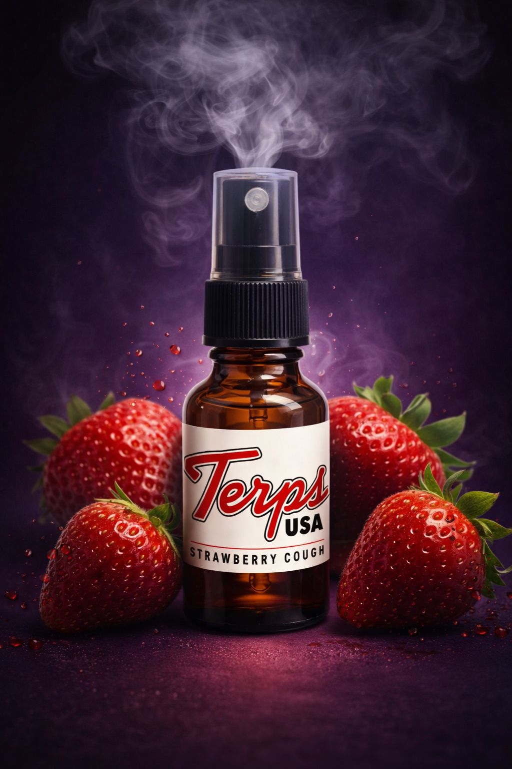 Bottle of Terps USA Strawberry Cough spray with strawberries and smoke on a dark background
