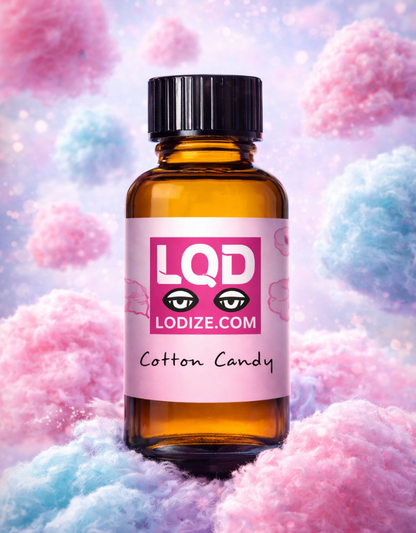 Bottle of LQD cotton candy flavor liquidizer for cannabis extracts to vape oil with a colorful cotton candy background