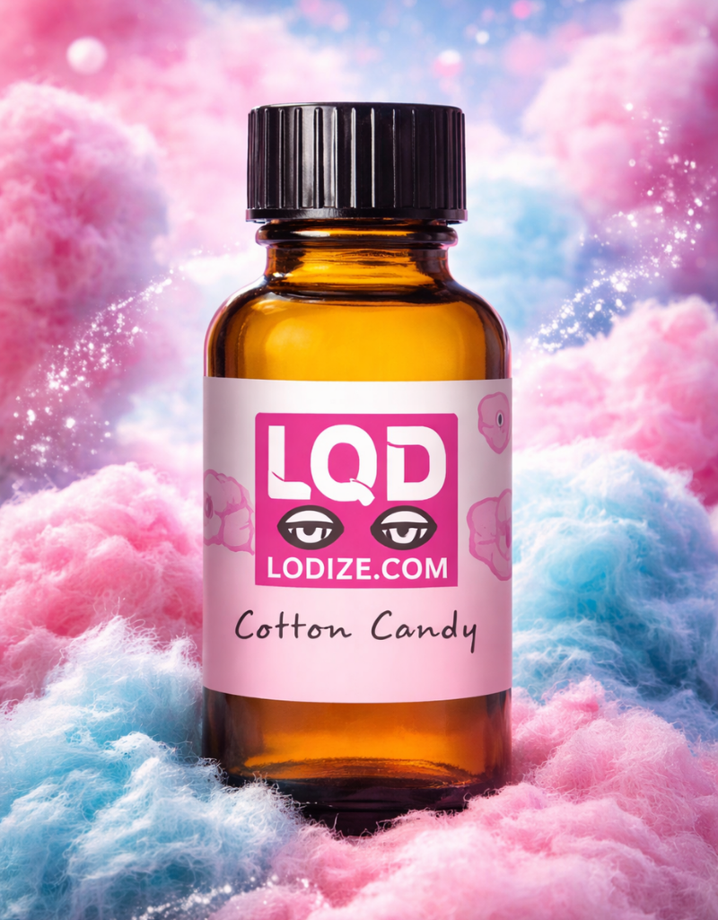 bottle of LQDIZE cotton candy liquidizer for wax to vape oil with clouds of pin and blue cotton candy in the background