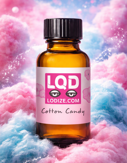 bottle of LQDIZE cotton candy liquidizer for wax to vape oil with clouds of pin and blue cotton candy in the background