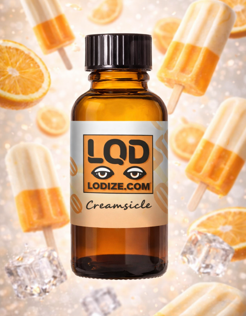 Bottle of LQD flavor liquidizer for wax to vape oil cartridges with creamsicle theme and popsicles in the background