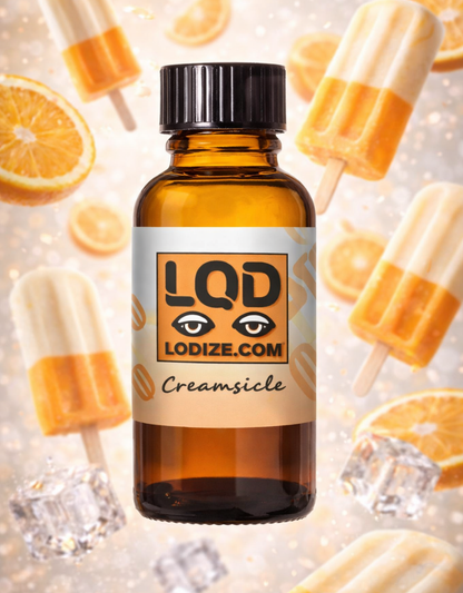 Bottle of LQD flavor liquidizer for wax to vape oil cartridges with creamsicle theme and popsicles in the background