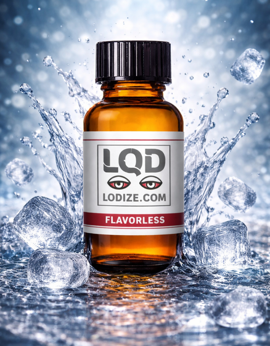 Bottle of LQDIZE Flavorless liquidizer for cannabis concentrates to vape oil with clear liquid splashing on blueish white background