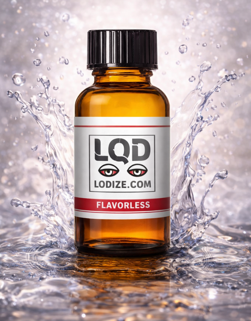 Bottle of LQD flavorless liquidizer for shatter to vape oil with water splashes on a gray background