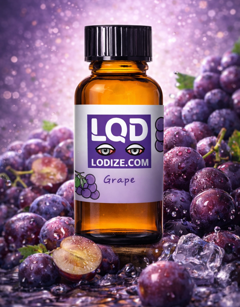 Bottle of LQD grape flavor liquidizer for wax to vape oil with grapes and ice cubes in the background