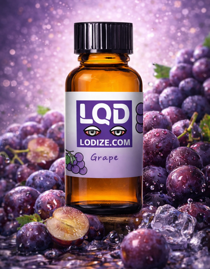 Bottle of LQD grape flavor liquidizer for wax to vape oil with grapes and ice cubes in the background
