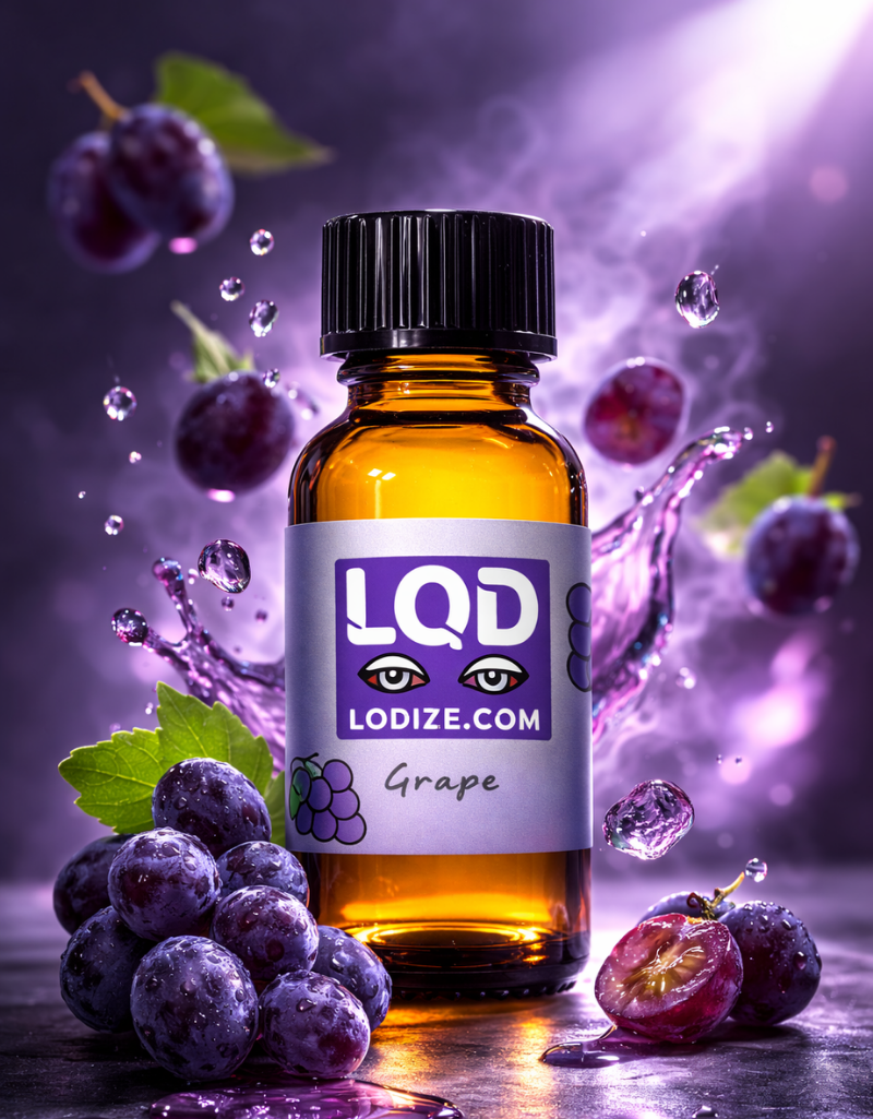 Bottle of LQD grape flavor liquidizer for wax to vape oil cartridges with grapes and water droplets on a purple background
