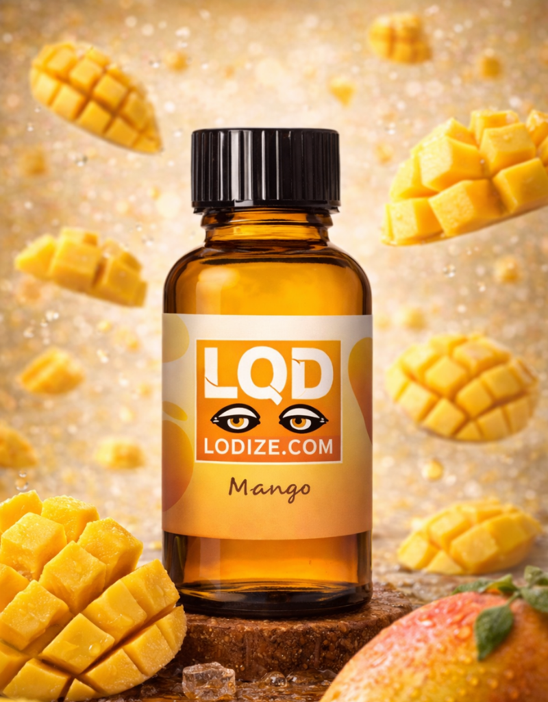 Bottle of LQD mango-flavored liquidizer for wax to vape oil products with mango pieces around on a wooden surface.