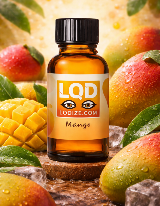 Bottle of LQDIZE Mango liquidizer for wax to vape oil pens with manos and tropical background
