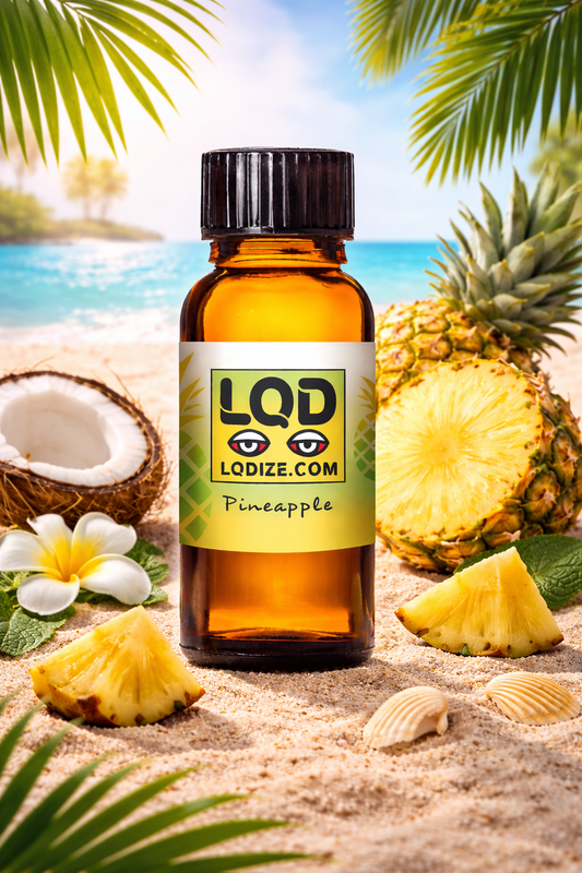 Bottle of LQD pineapple  liquidizer for wax to vape oil with a beach background featuring pineapple slices, coconuts, and flowers.