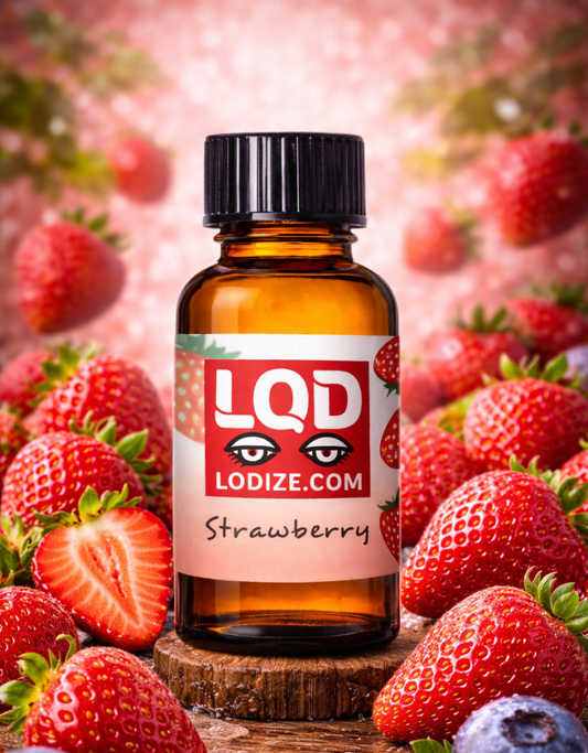 Bottle of LQD strawberry flavor liquidizer for wax to vape oil  surrounded by strawberries on a wooden surface.