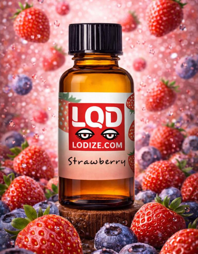 Bottle of LQD strawberry flavor liquidizer for concentrate to vape oil with a colorful berry background
