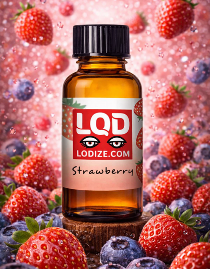 Bottle of LQD strawberry flavor liquidizer for concentrate to vape oil with a colorful berry background