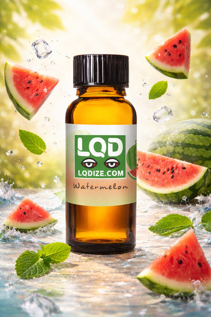 Bottle of LQD watermelon flavor liquidizer for resin to vape oil with watermelon slices and mint leaves in the background