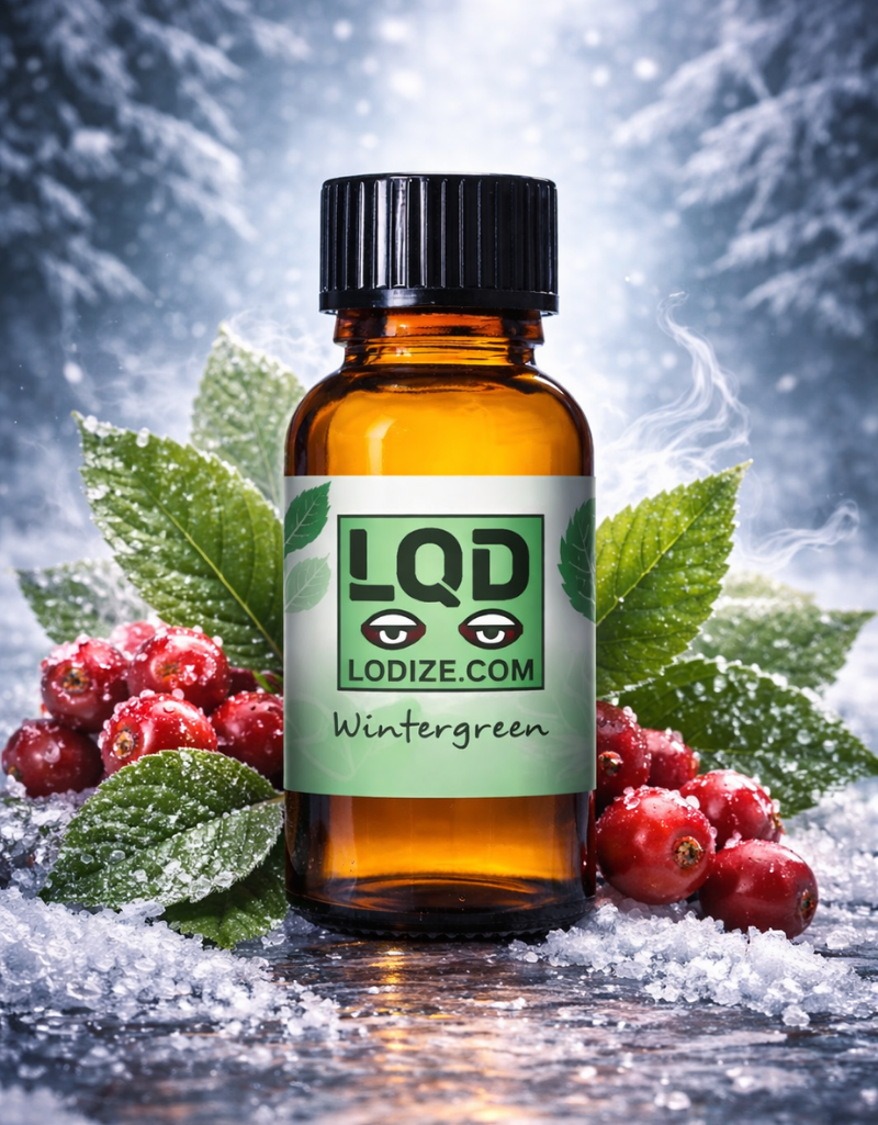 Bottle of LQD Wintergreen liquidizer for wax to vape oil flavor with berries and leaves on a snowy background