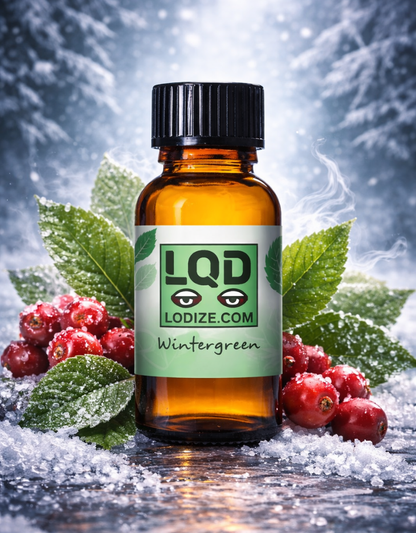 Bottle of LQD Wintergreen liquidizer for wax to vape oil flavor with berries and leaves on a snowy background