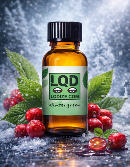 Bottle of LQD wintergreen liquidizer for wax to vape oil flavor oil with berries and leaves on a snowy background