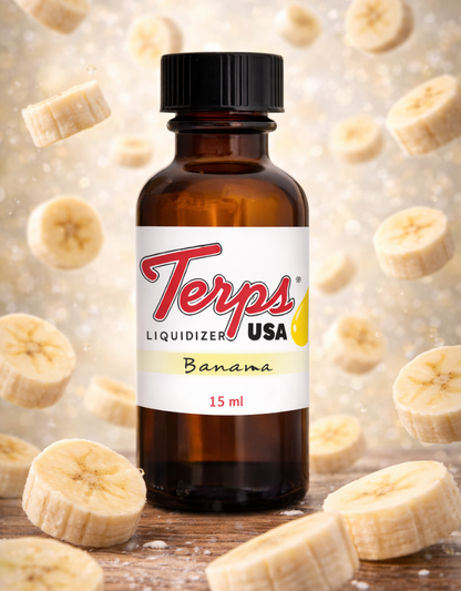 Bottle of Terps USA BananaLiquidizer for resin to vape oil cartridges surrounded by sliced bananas on a wooden surface.