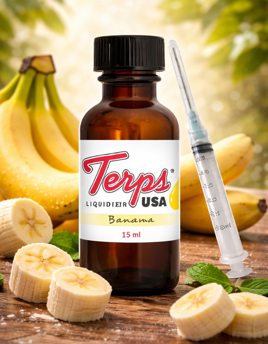 Bottle of Terps USA Banana Liquidizer for wax to vape oil with a syringe and bananas on a wooden surface