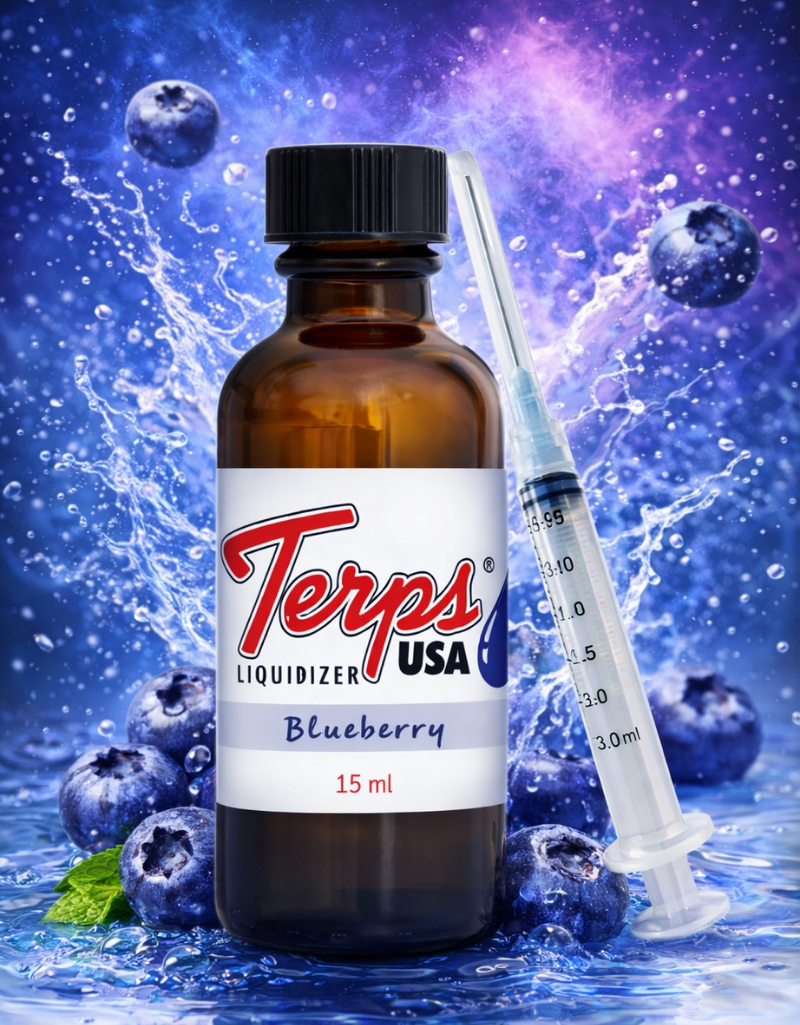 Terps USA Blueberry Liquidizer for wax to vape oil Blueberry bottle with a syringe against a blueberry-themed background