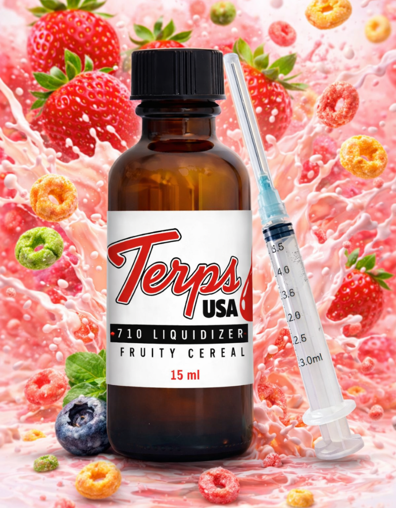 Bottle of Terps USA 770 Liquidizer Fruity Cereal Liquidizer for wax to vape oil pens with a syringe on a colorful background with fruits.