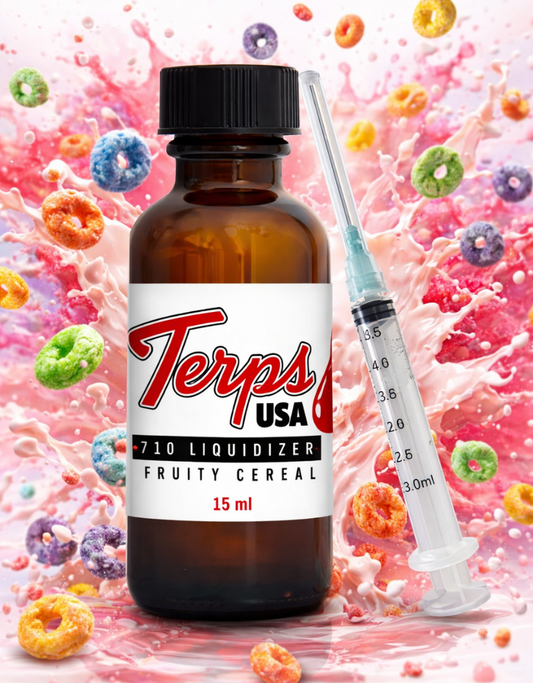 Bottle of Terps USA 710 Fruity Cereal Liquidizer for wax to vape oil with a syringe on a colorful cereal background
