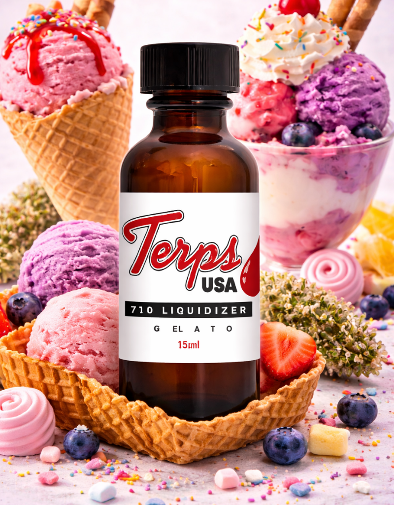 Bottle of Terps USA 710 Gelato liquidizer for cannabis concentrates to vape oil pens with ice cream and waffle cones in the background
