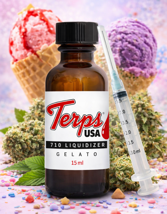 Terps USA 710 Liquidizer for wax to vape oil Gelato strain bottle with syringe and ice cream cones in the background
