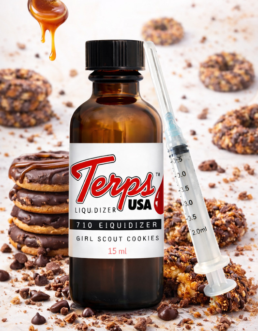 Bottle of Terps USA 710 liquidizer for wax to vape oil with a syringe and Girl Scout Cookies on a white background