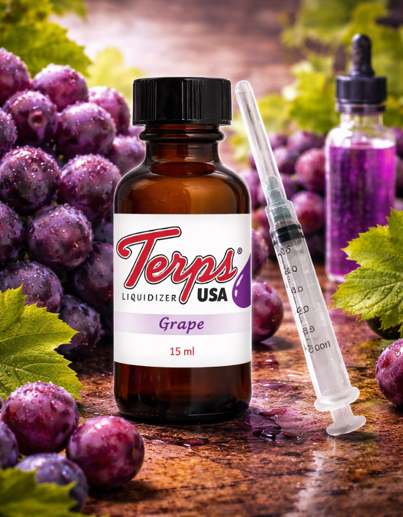 Bottle of Terps USA Grape Liquidizer for wax to vape oil with grapes and a syringe on a wooden surface