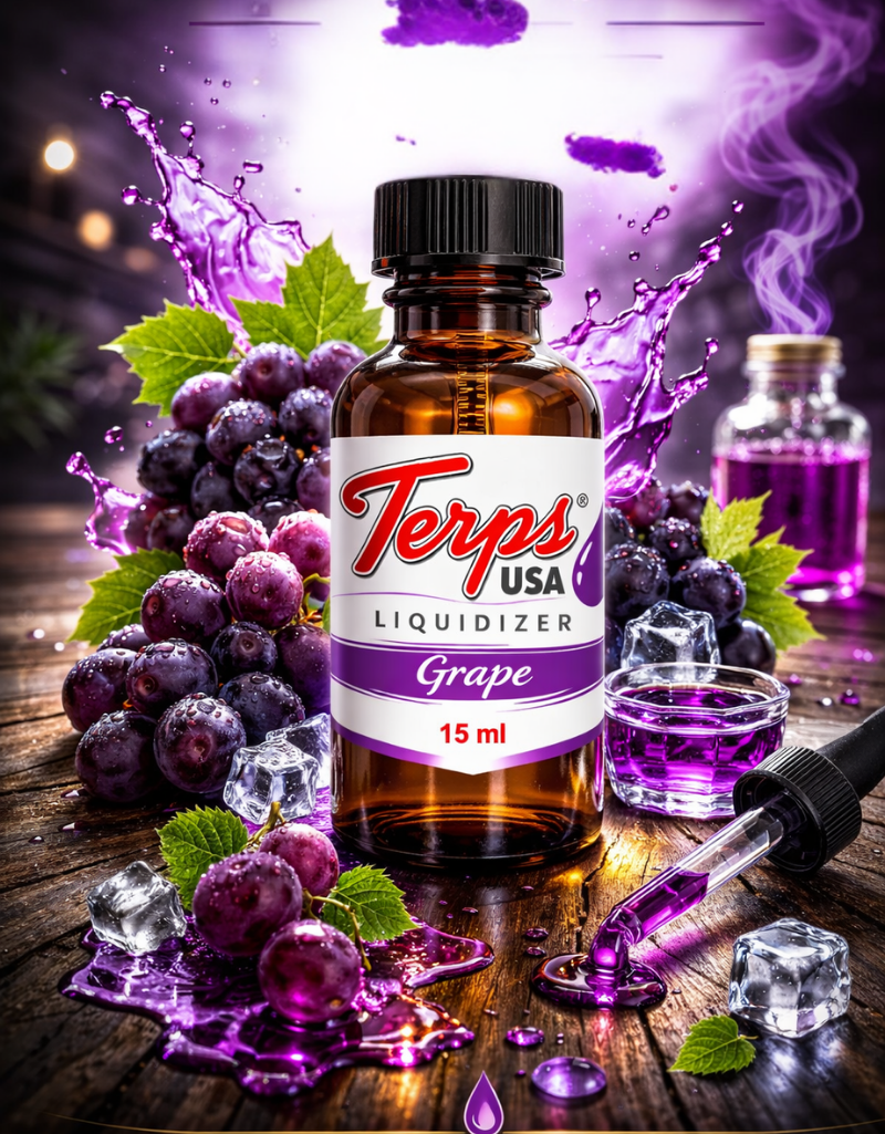 Terps USA Grape Liquidizer for  cannabis concentrate to vape oil cartridges Grape bottle with grapes and ice on a wooden surface