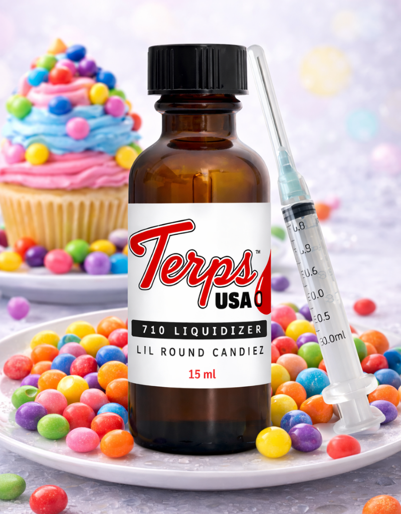 Bottle of Terps USA 710 liquidizer for cannabis extracts to vape oil with a syringe and colorful candies on a light background