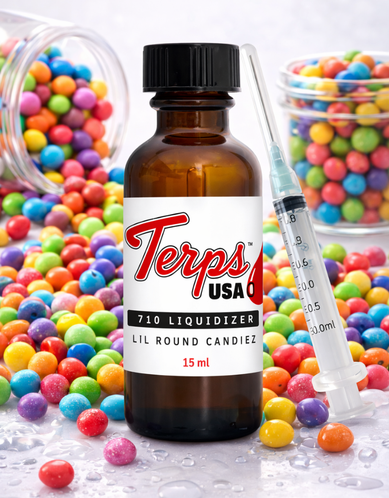 Bottle of Terps USA 710 liquidizer for wax to vape oil with colorful candies and a syringe in the background