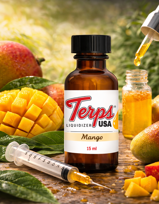 Bottle of Terps USA Mango Liquidizer for wax to vape oil with mangoes and a syringe on a wooden surface.