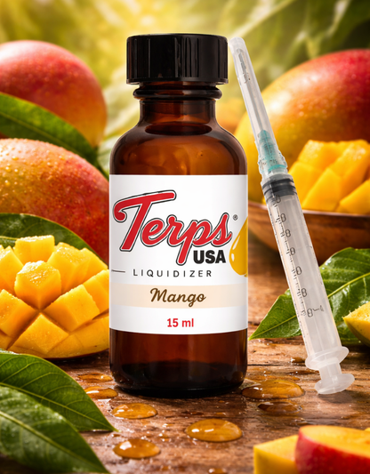 Bottle of Terps USA Mango Liquidizer for shatter to vape oil cartridges with mangoes and a syringe on a wooden surface.