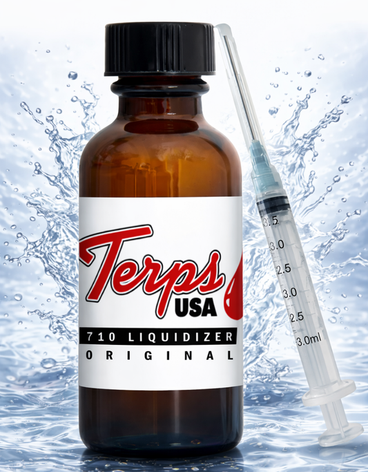 Bottle of Terps USA 710 Original Liquidizer for wax to vape oil with a syringe on a water background