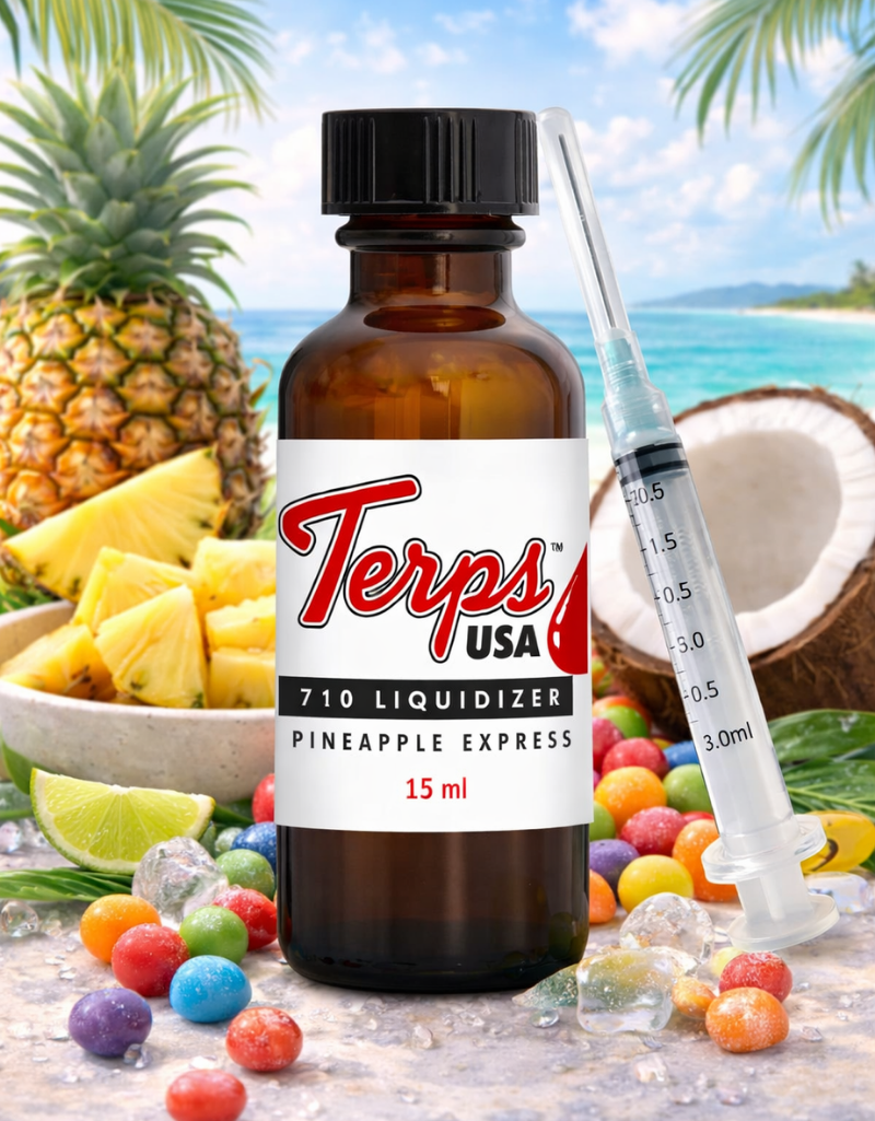 Terps USA Pineapple Express liquidizer bottle for wax to vape oil pens with tropical elements in the background